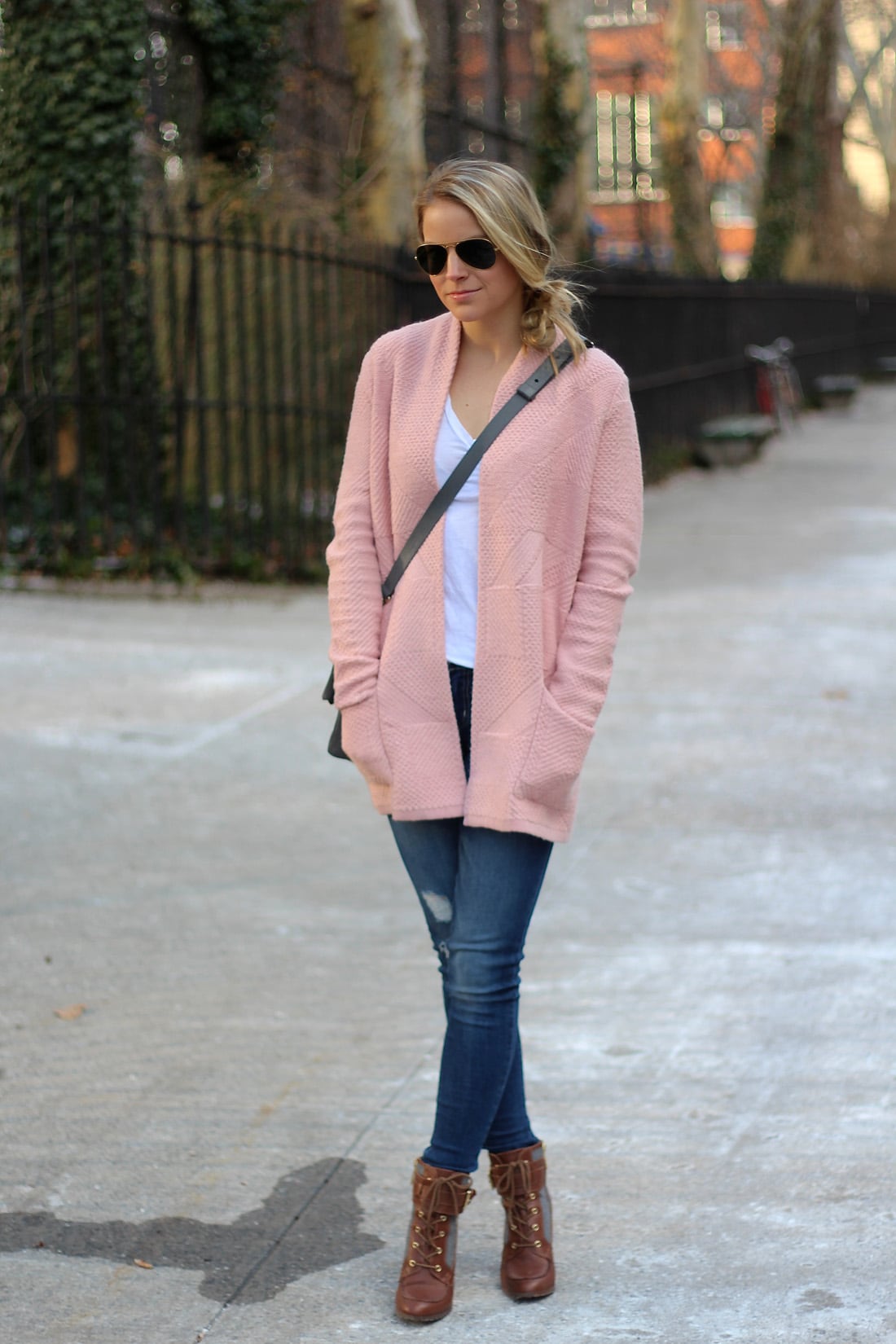pink cardigan sweater, pink infinity scarf, light pink sweater