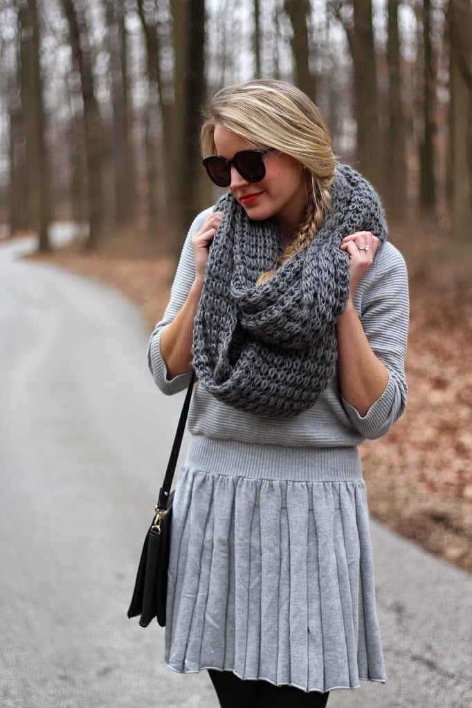 sweater dress, chunky knit scarf, grey dress, over the knee boots, cynthia steffe