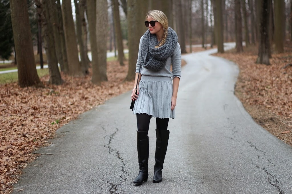 sweater dress, chunky knit scarf, grey dress, over the knee boots, cynthia steffe