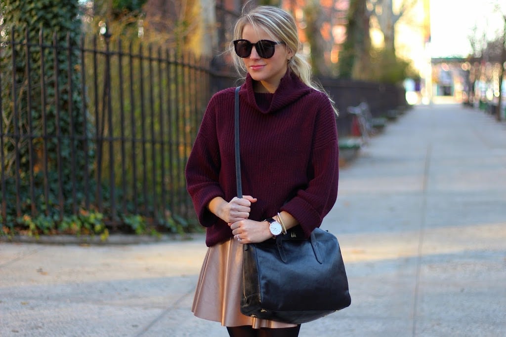 sweater, turtleneck sweater, metallic skirt, holiday style, winter fashion, monogrammed bag