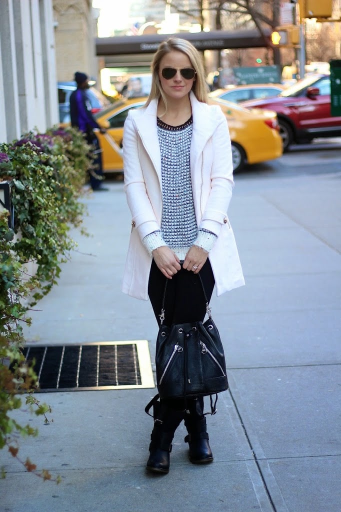 fuzzy sweater, fashionable sweaters, moto boots, winter white, off white coat