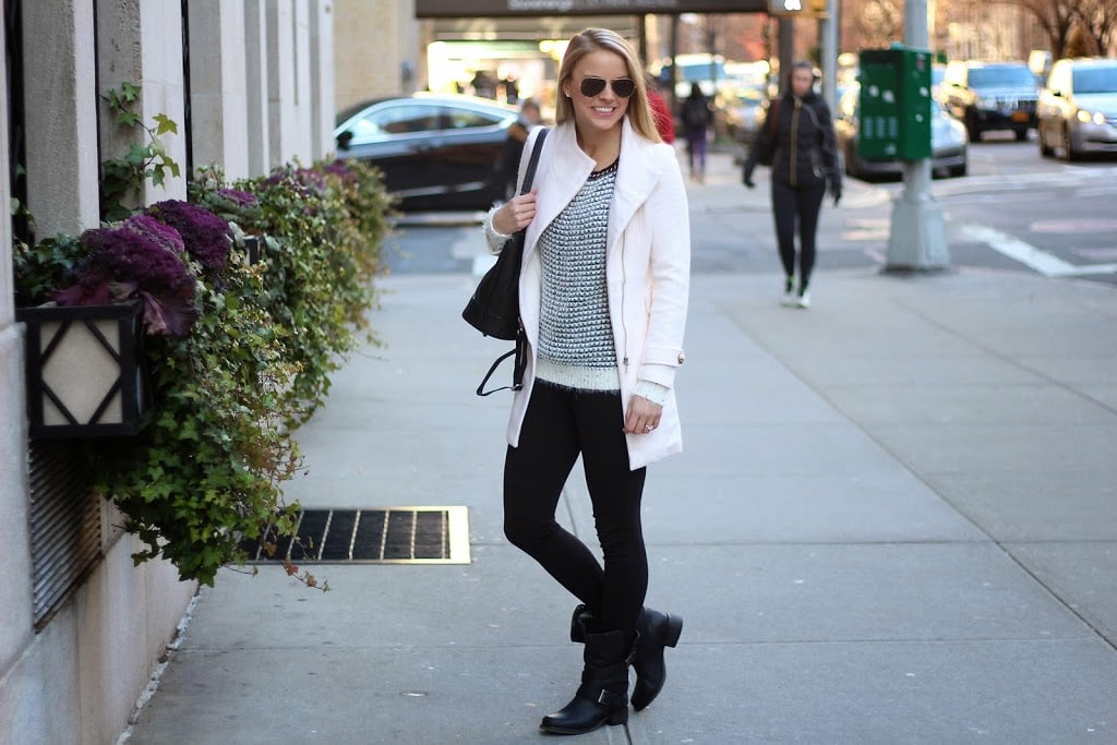 fuzzy sweater, fashionable sweaters, moto boots, winter white, off white coat