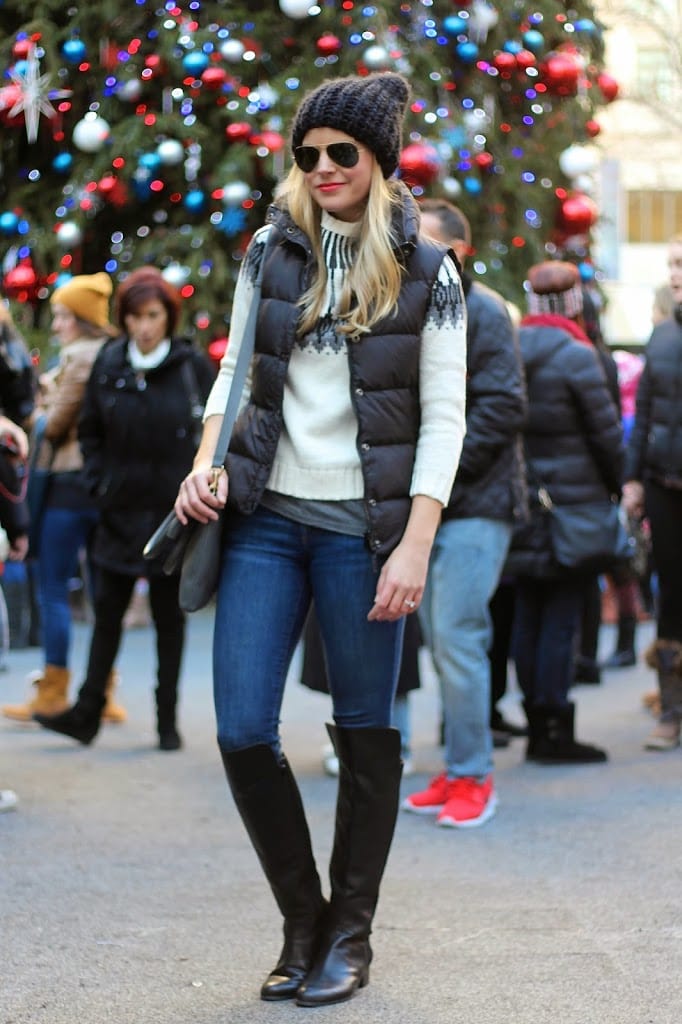 t park nyc, holiday shopping, christmas tree, puffer vest, fair isle sweater, over the knee boots