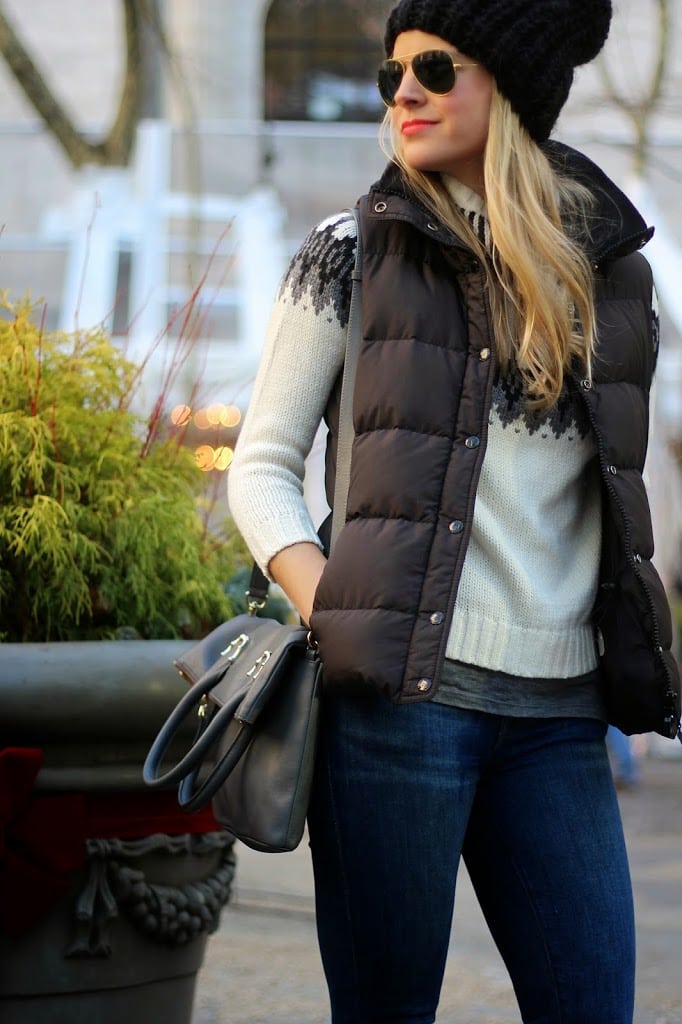 t park nyc, holiday shopping, christmas tree, puffer vest, fair isle sweater, over the knee boots