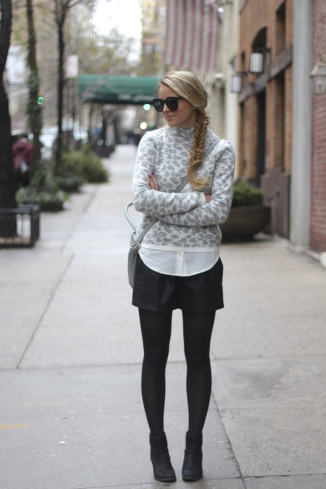 leopard print sweater, fishtail braid, how to layer