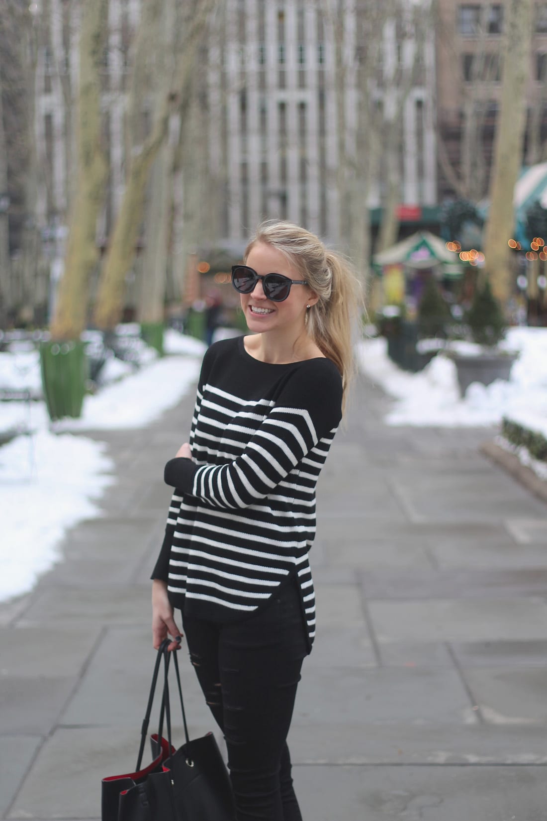 boatneck sweater, lord and taylor, striped sweater, all black outfit, leather slip ons