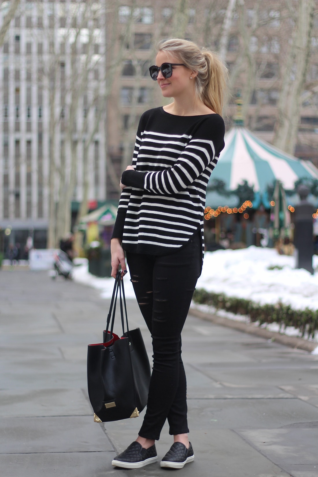 boatneck sweater, lord and taylor, striped sweater, all black outfit, leather slip ons