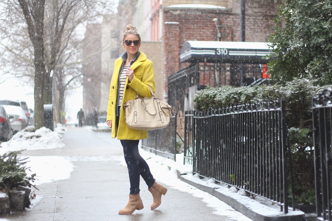 goodnight macaroon, yellow coat, how to layer clothes, duo boots, nyc fashion
