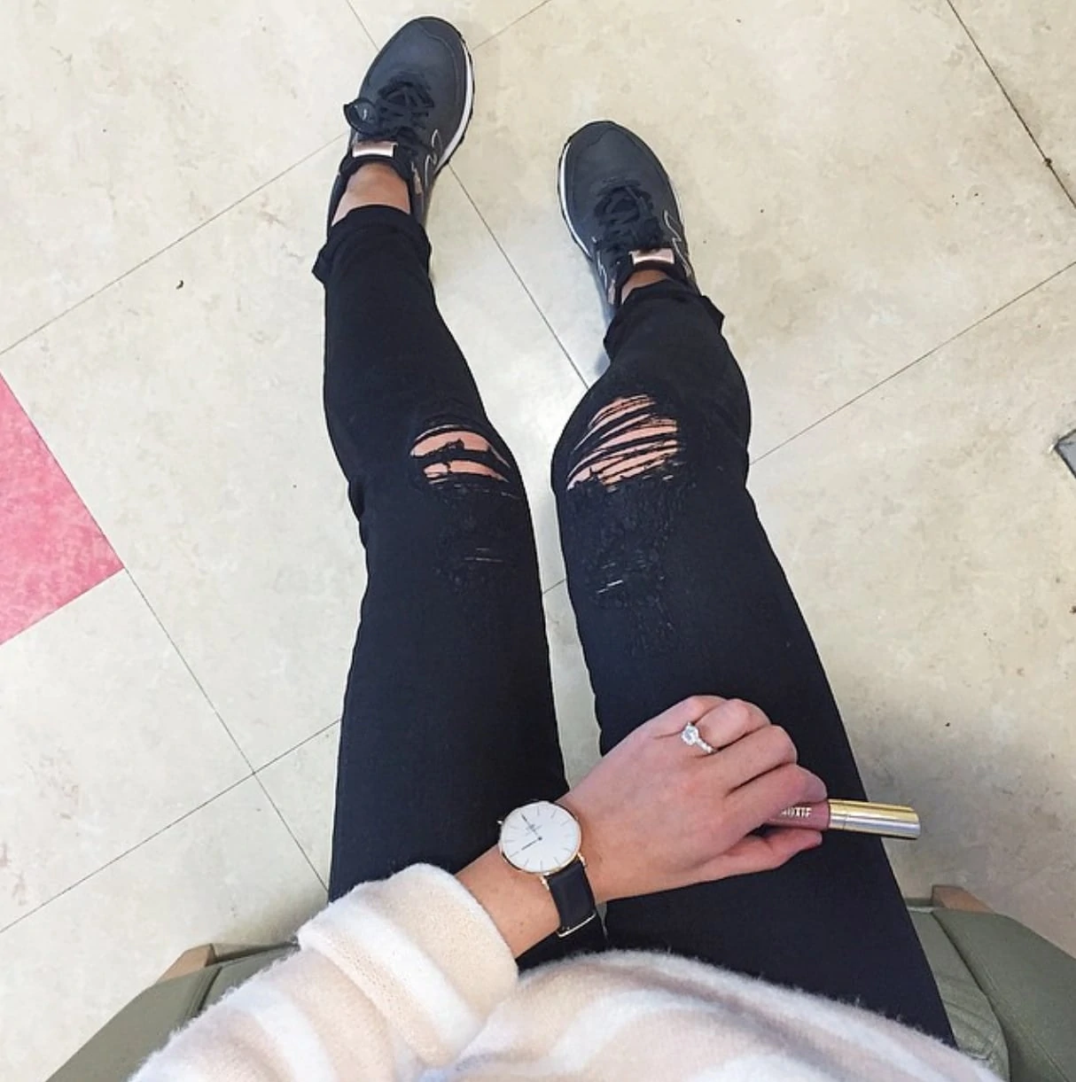 distressed denim, hudson jeans, new balance sneakers