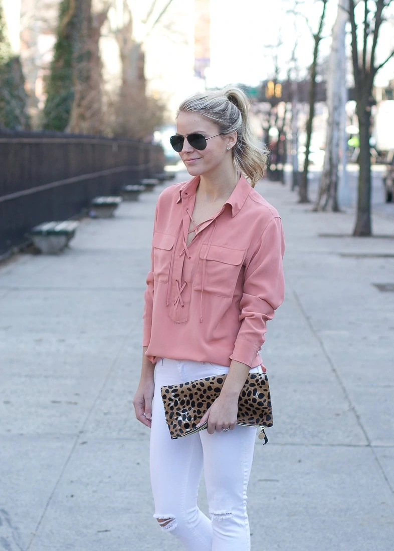 clare v leopard clutch, high pony tail