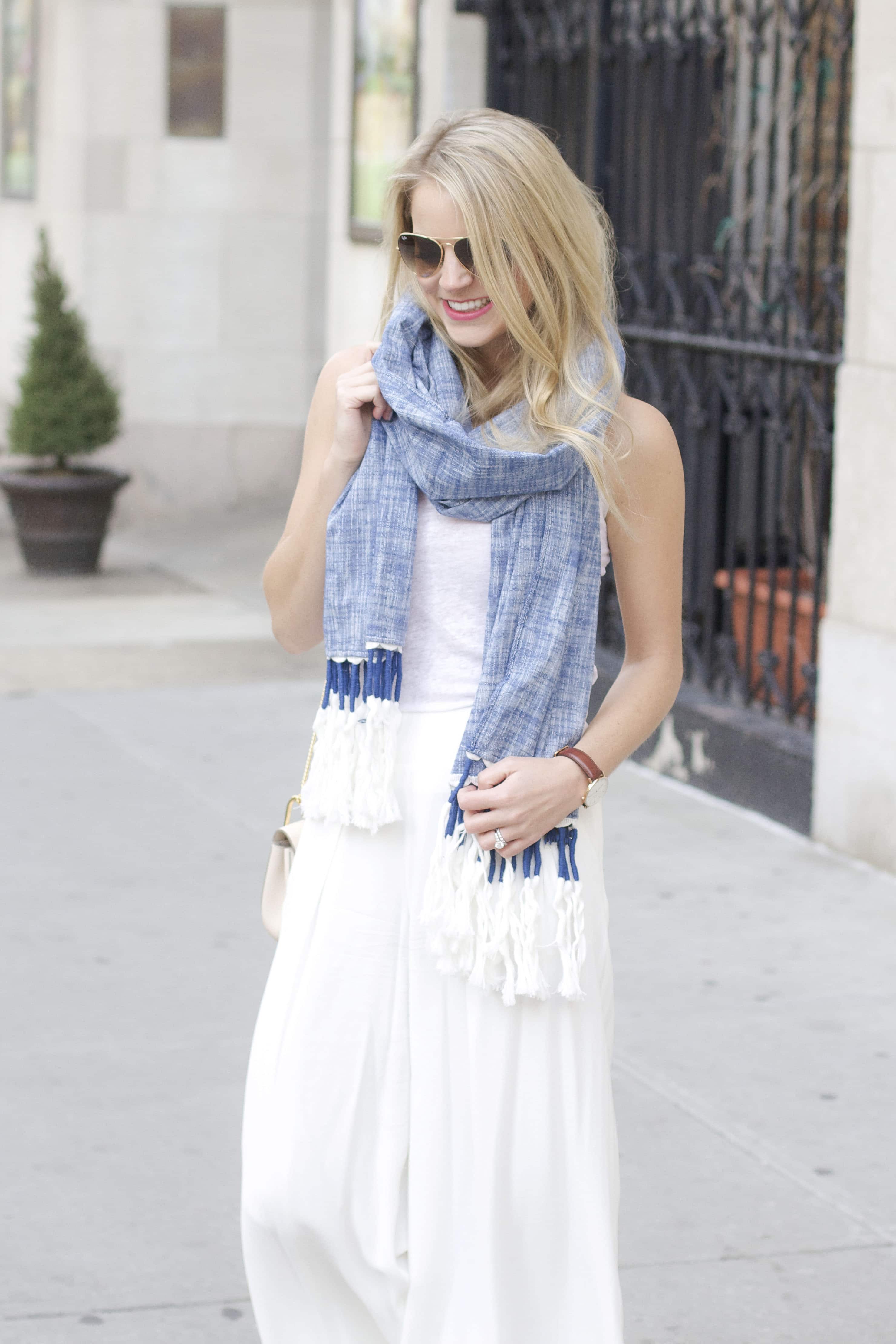 spring scarf, wide leg trousers