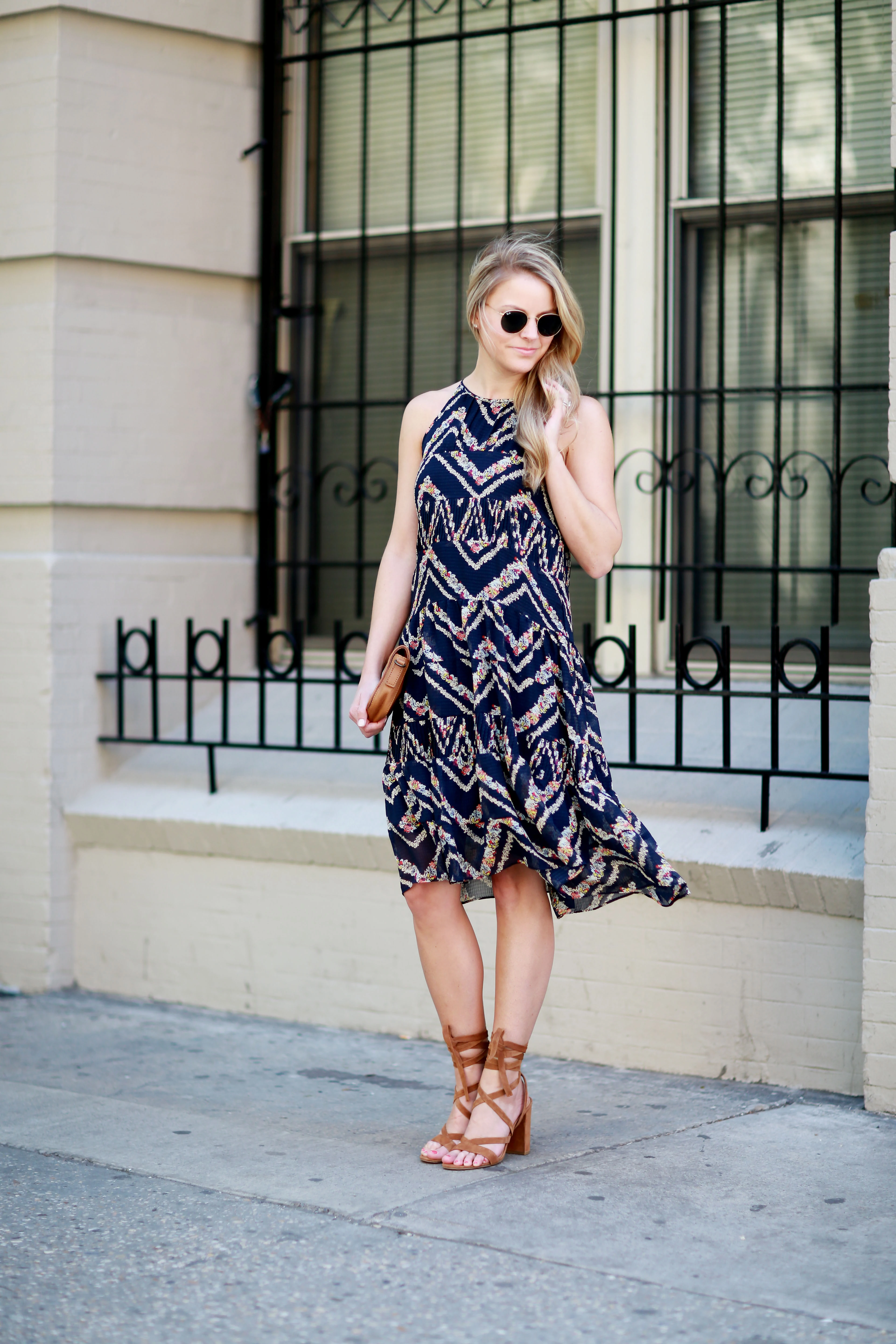 anthropologie midi dress, round ray-ban sunglasses