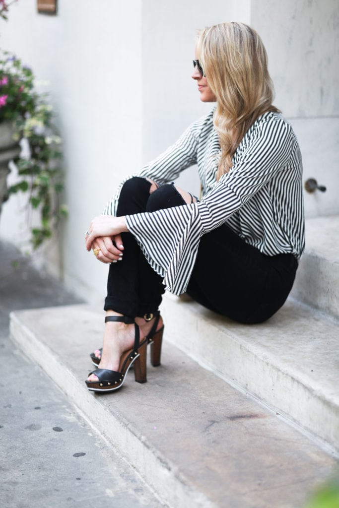 Navy Sailor Stripe Bell Sleeve Blouse Ruffle Collar