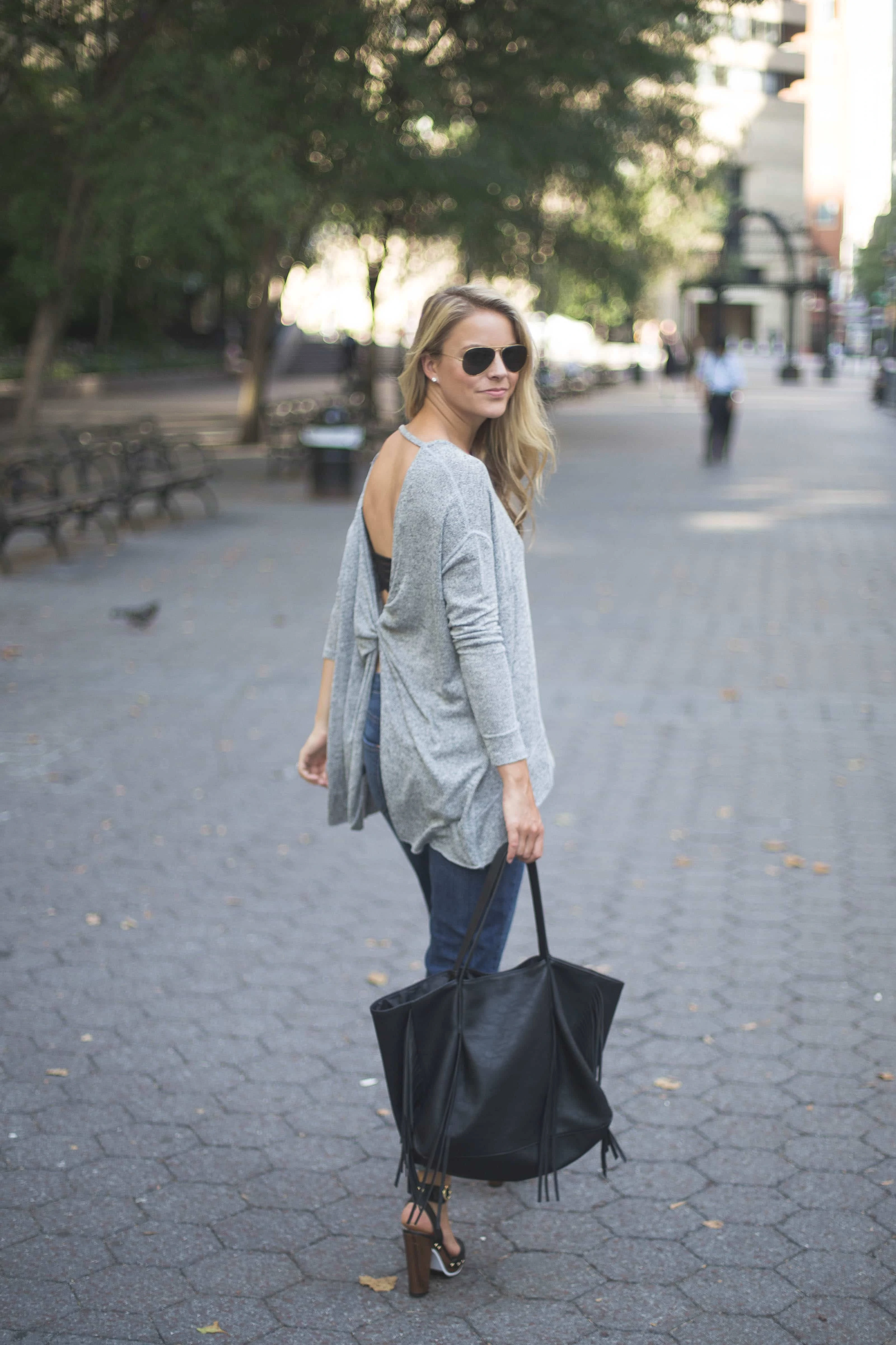 grey open back sweater