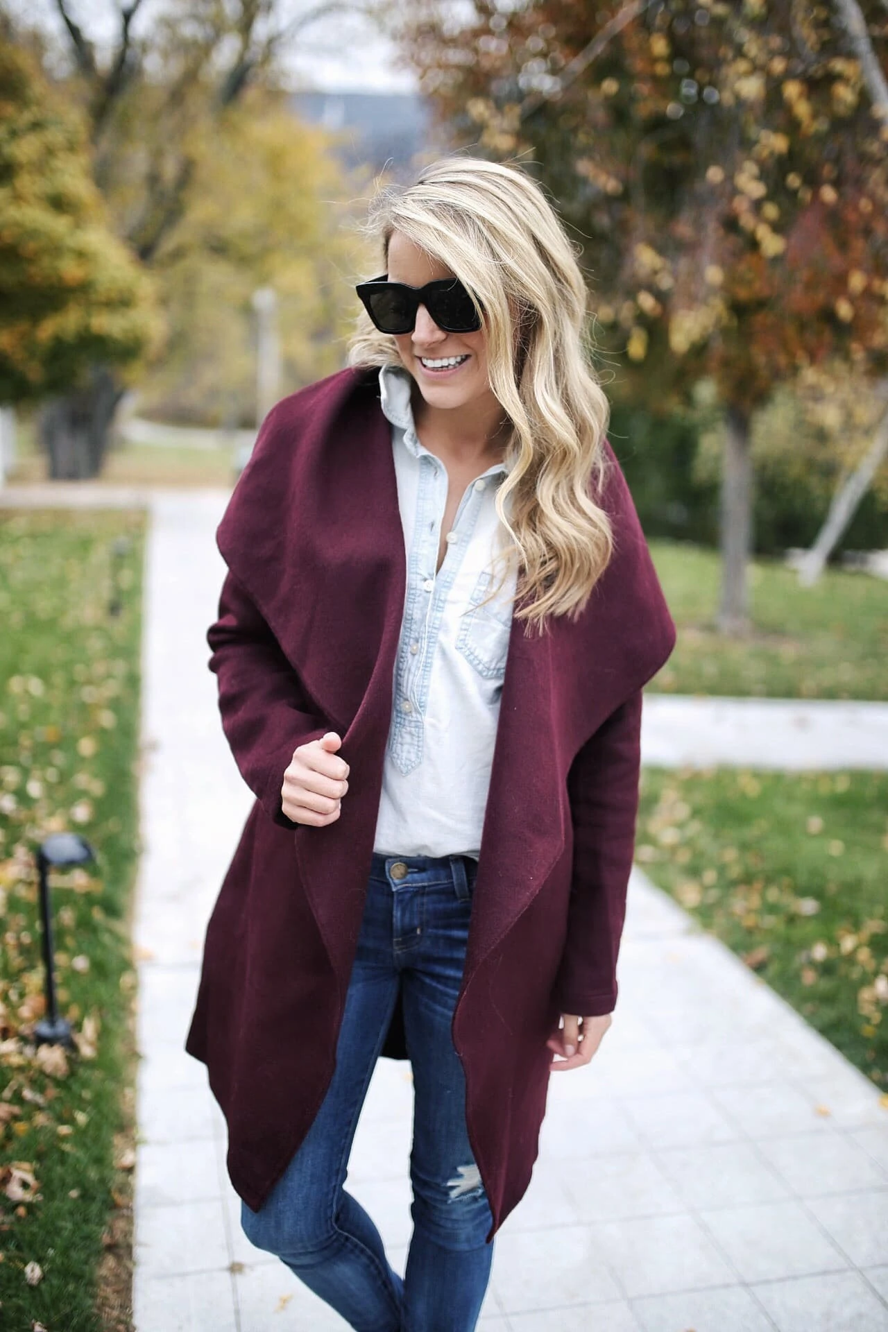 burgundy coat, abercrombie, chambray