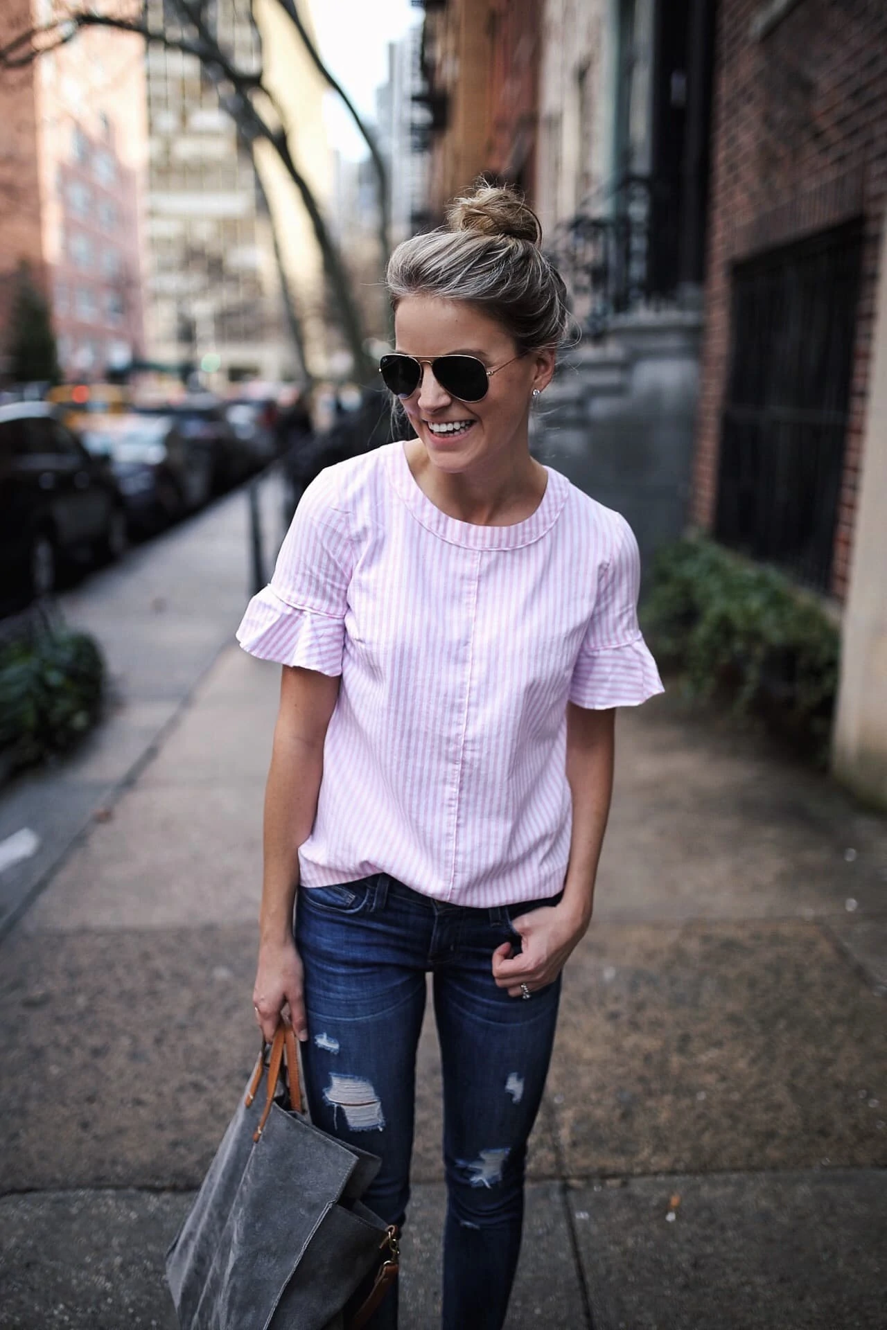 stripe flutter sleeve top