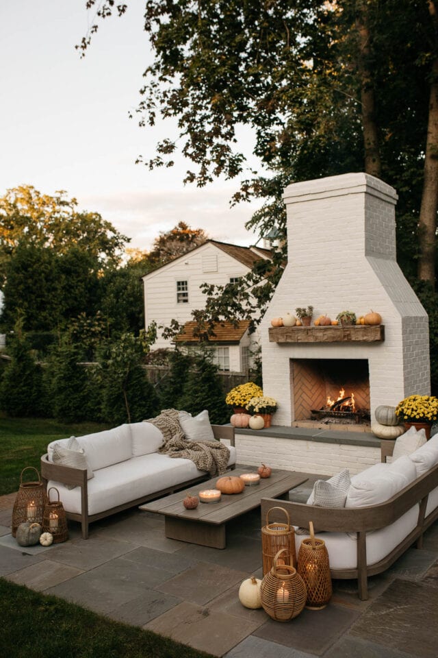 outdoor patio set with fireplace